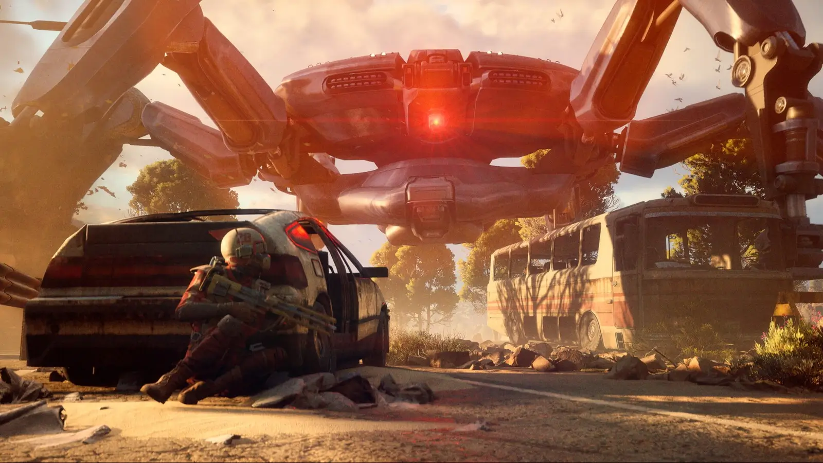 A Raider takes cover behind a wrecked car in ARC Raiders with a giant ARC machine behind
