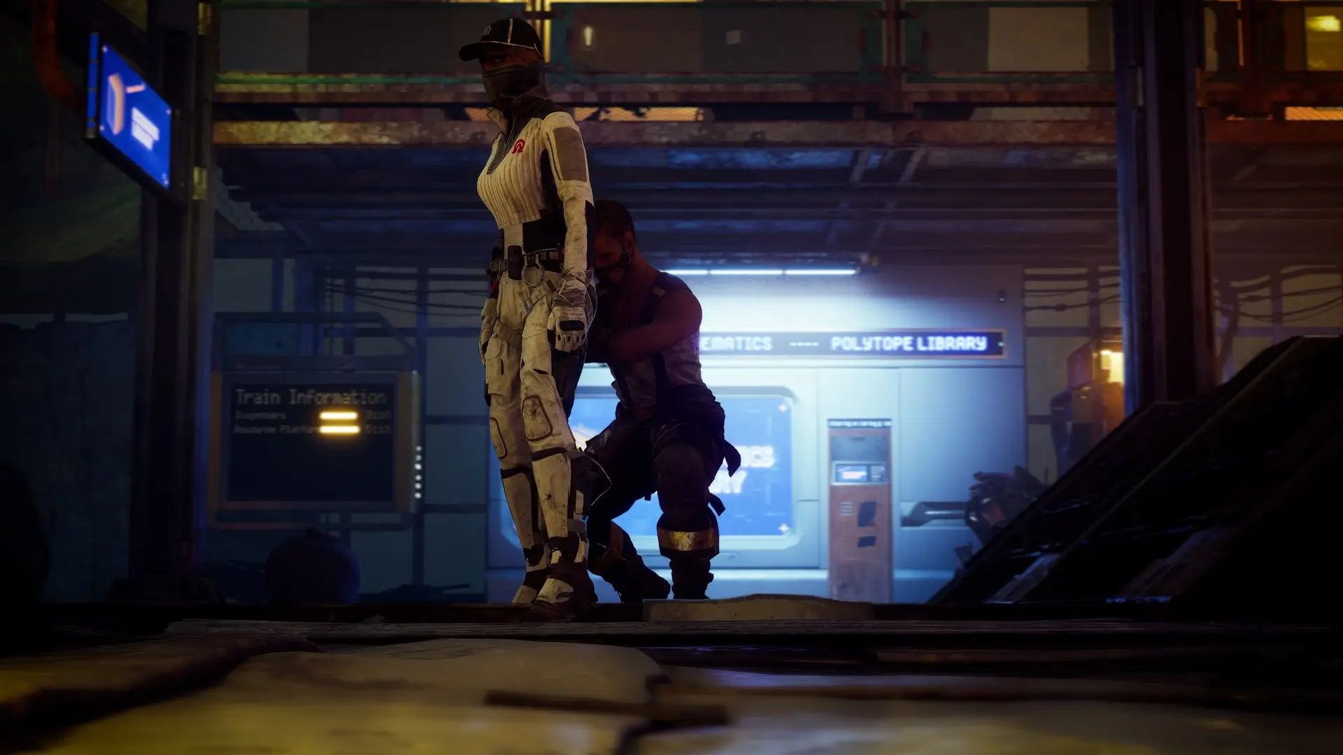 Two characters on a platform in front of lit information boards in Enginefall