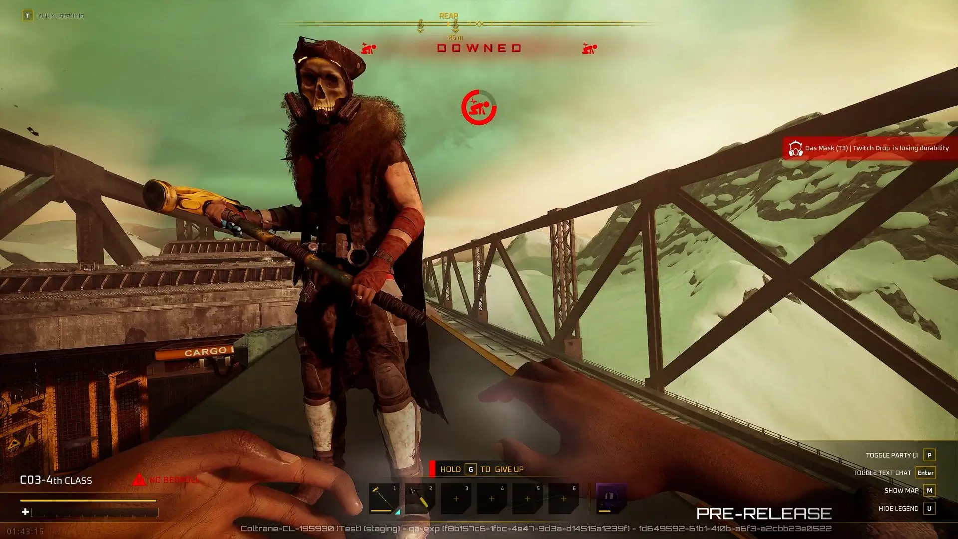 First-person view of a downed player with the DOWNED indicator and a skull-masked Raider standing over them in Enginefall