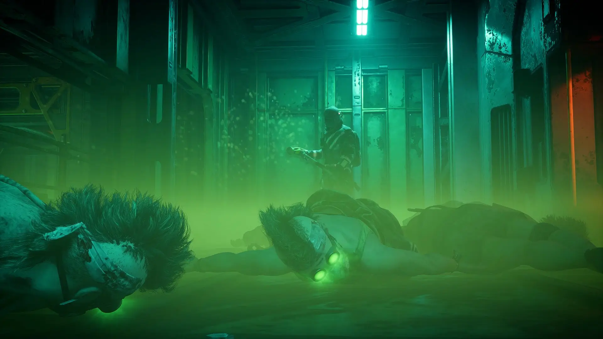 Players lying on the floor in green poison fog inside a train car in Enginefall