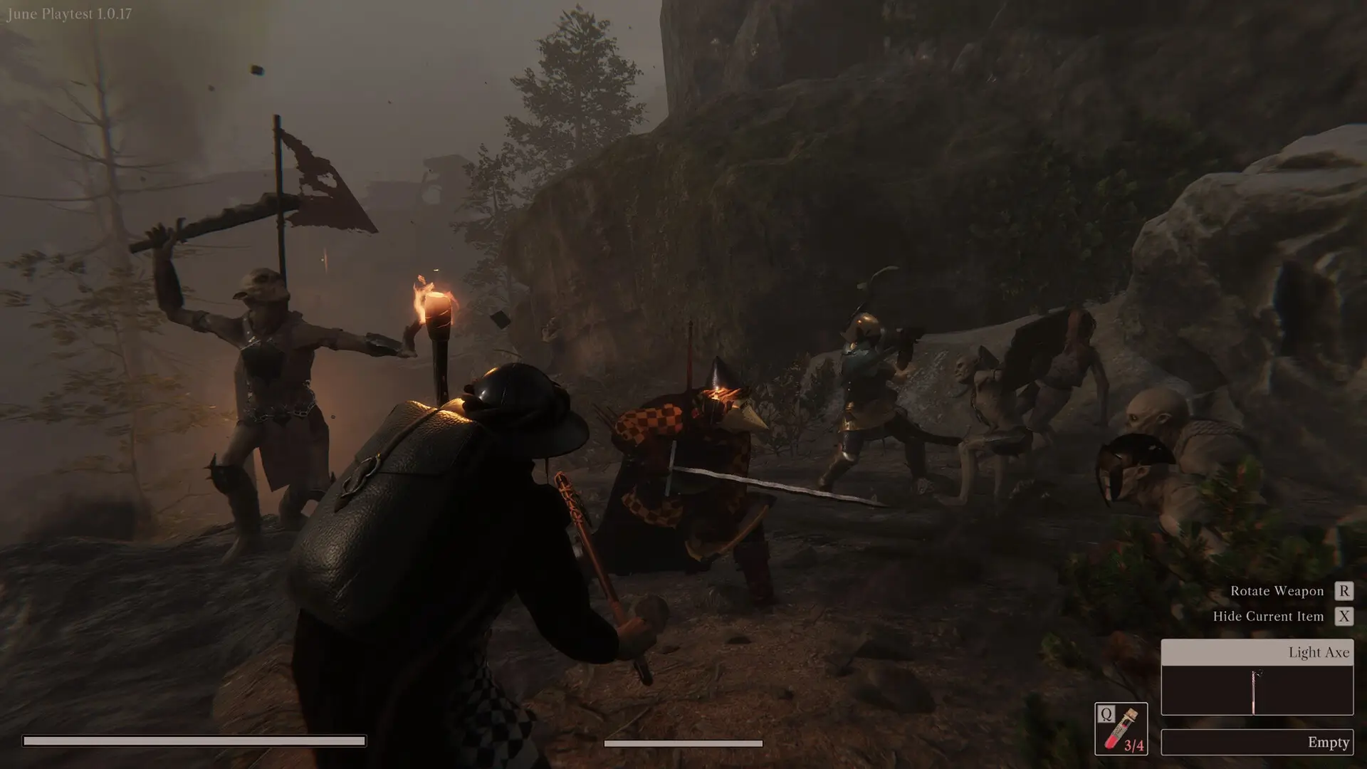 Charaktere aus Expedition: Into Darkness kämpfen mit selbst gebauten Waffen gegen Untote in einem finsteren mittelalterlichen Dungeon