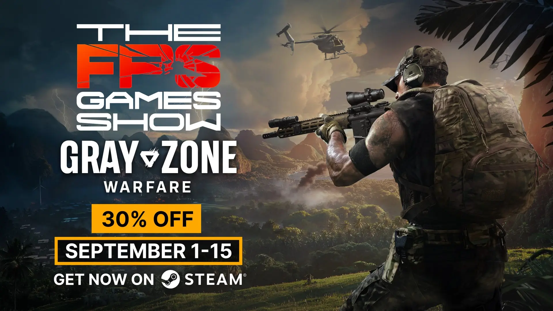 Soldat mit Sturmgewehr im Dschungel neben dem Logo von Gray Zone Warfare und der FPS Games Show