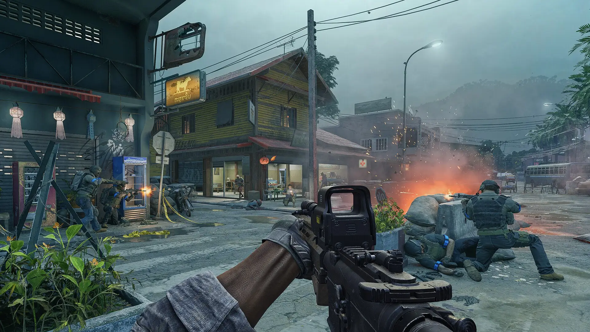 Soldiers in a firefight on a rainy street in Lamang in Gray Zone Warfare