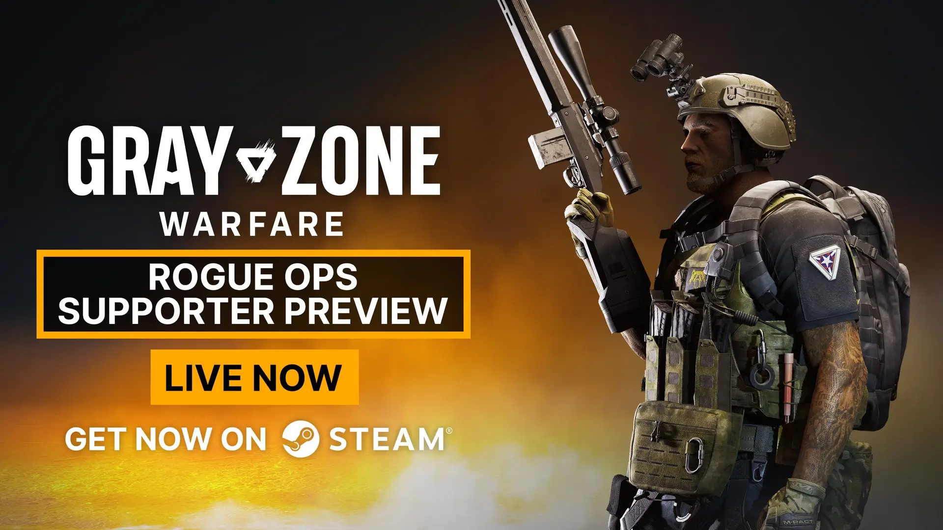Banner zur gestarteten Supporter Preview von Gray Zone Warfare Rogue Ops mit einem Soldaten