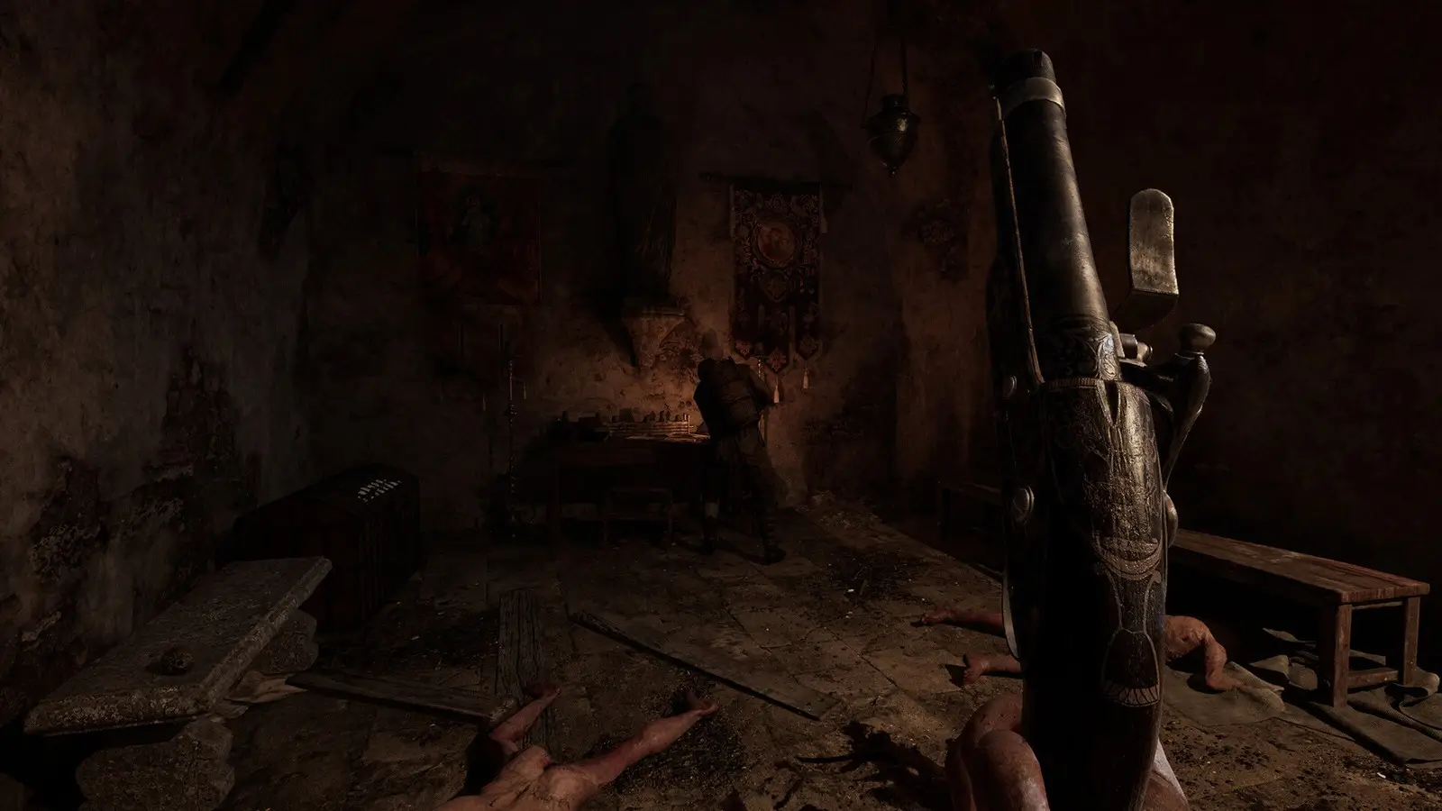 A player with a rifle in a dark vault in HUNGER
