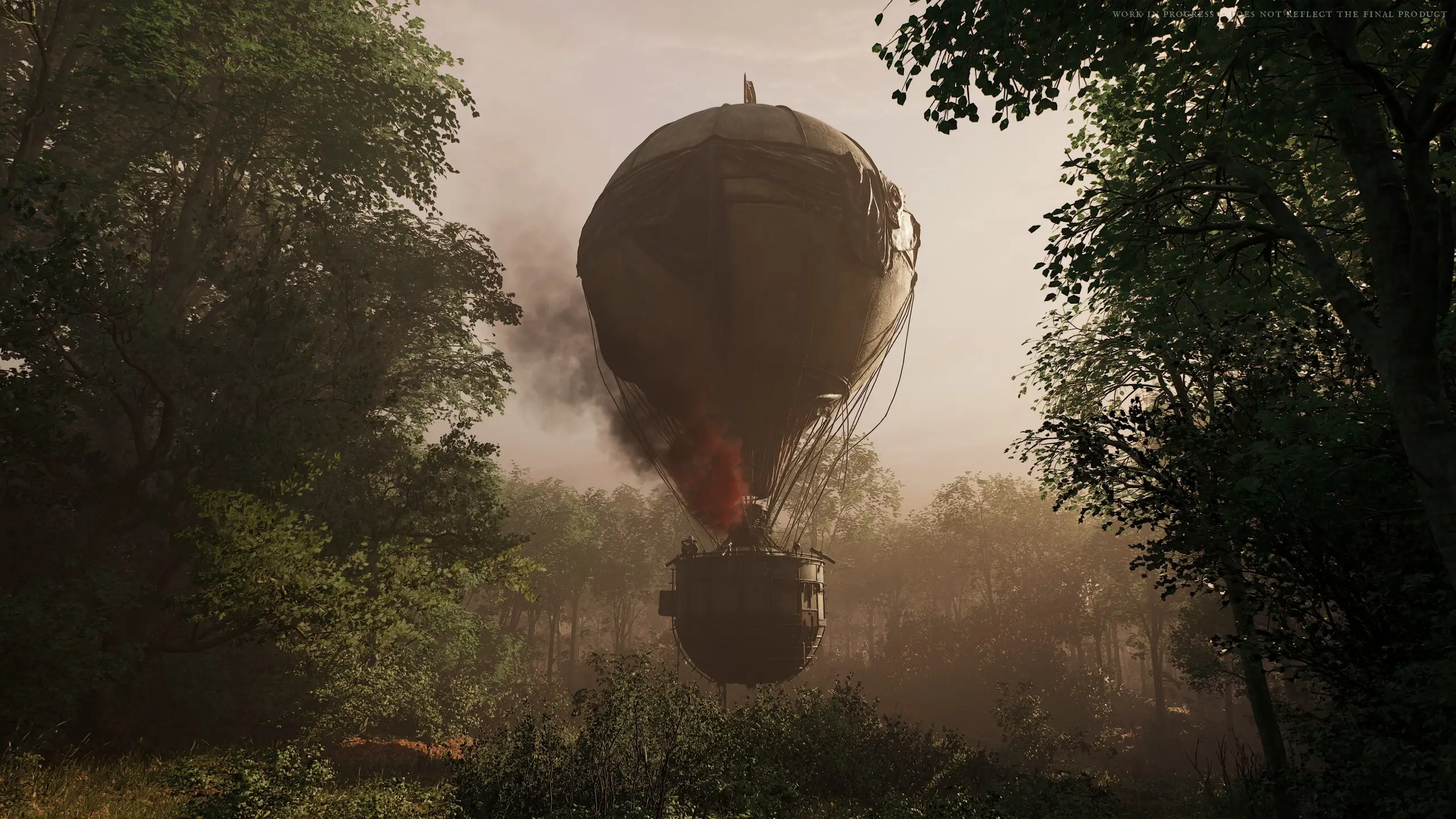 An extraction balloon descends over HUNGER's plague-ravaged Napoleonic-era landscape, wreathed in fog and ruins.