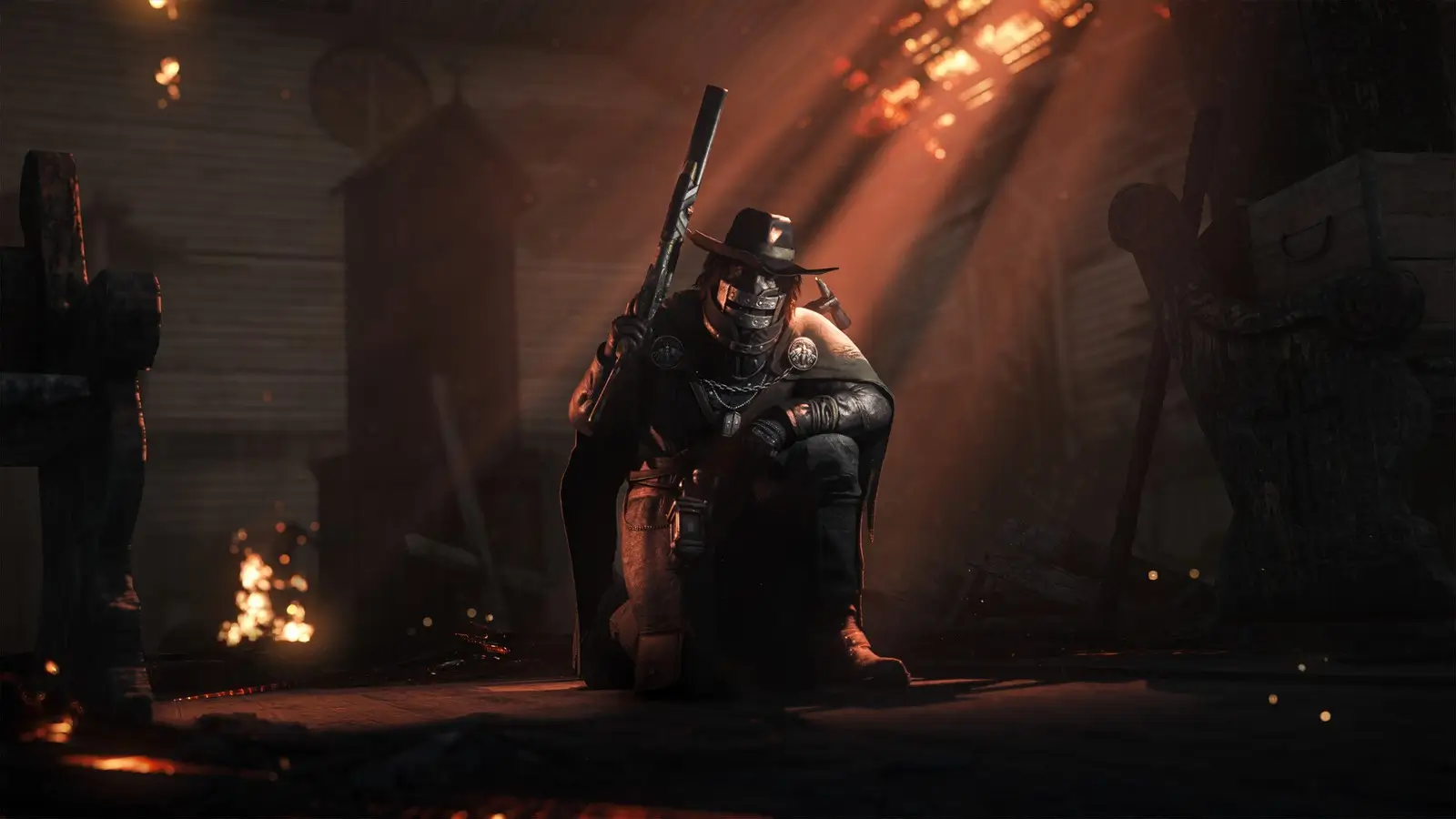 A hunter crouching next to a fire inside a barn in Hunt: Showdown 1896