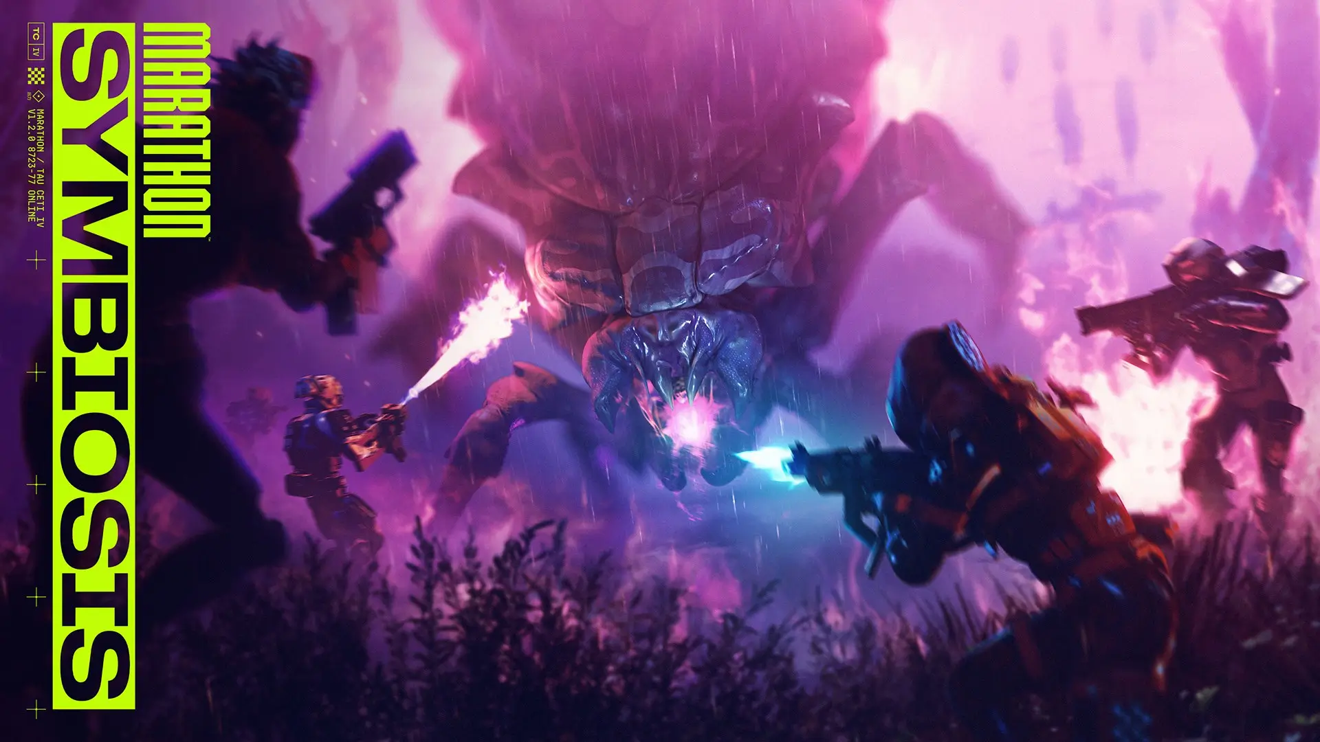 Official Marathon Symbiosis artwork showing Runners in a glowing purple fungal zone