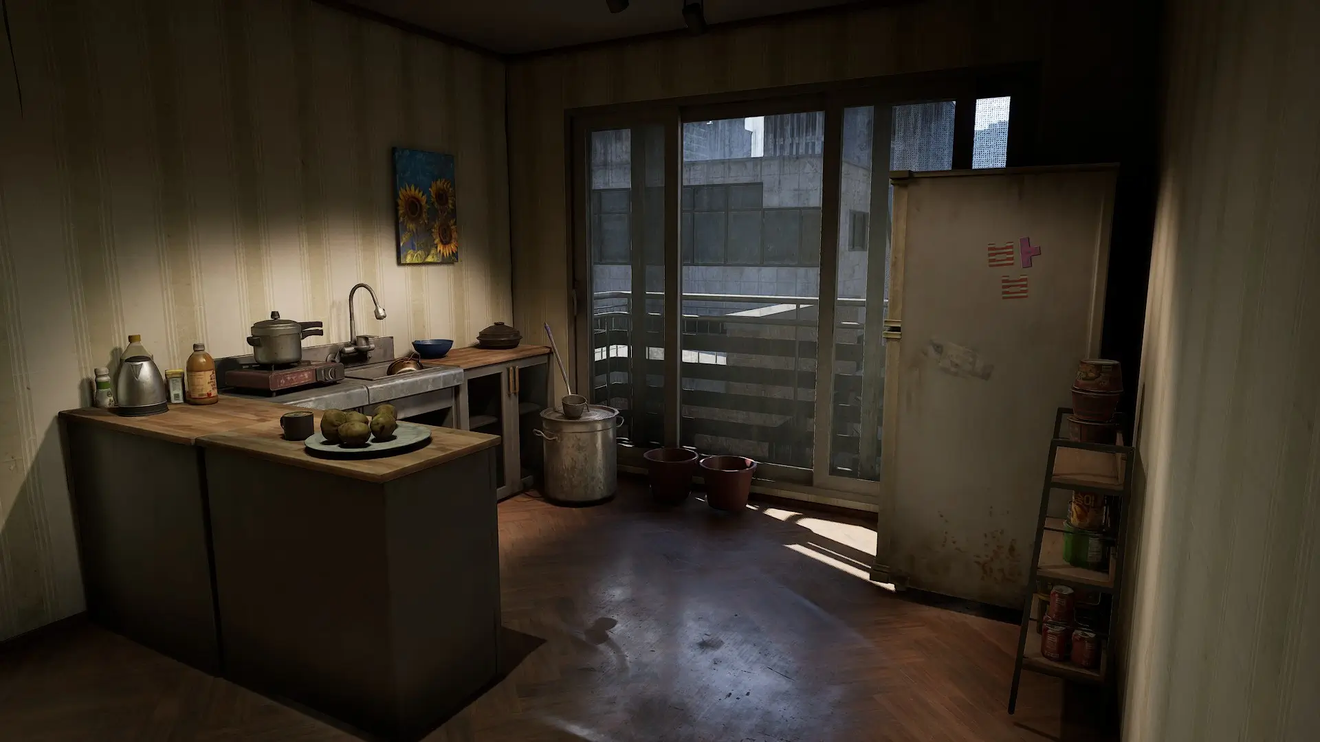 Eingerichtetes Zimmer mit Küchenzeile und Fenster als Unterkunft in NAKWON: LAST PARADISE
