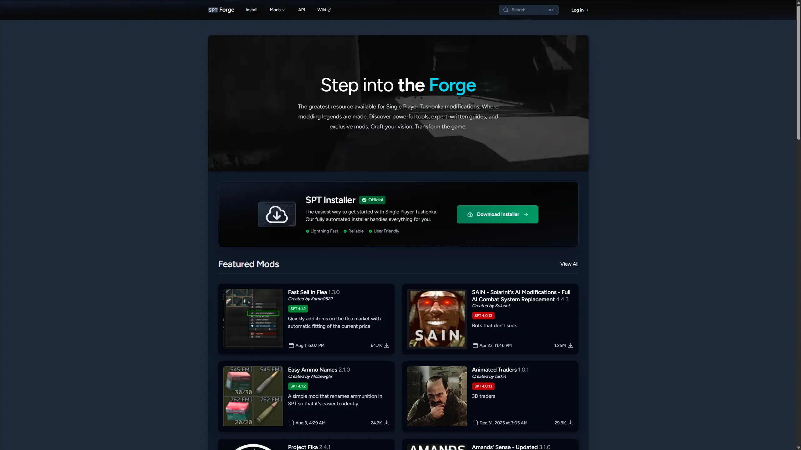 Screenshot of the new SPT Forge rebranded as Single Player Tushonka at sp-mod.com